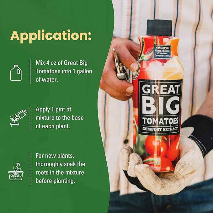 Great Big Tomatoes Soil & Fertilizer Booster for Big Vegetable Yields, Better Fertilizer & Plant Food Efficiency, and Garden Performance. Perfect for Beginners.1 Gallon Concentrate (Makes 32 Gallons)