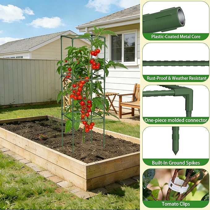 3 Pack Tomato Cage, 47.2” Tall Plant Support Trellis for Tomatoes & Climbing Vegetables, Heavy Duty Garden Tomato Stakes for Raised Beds - Extra-Thick Stakes