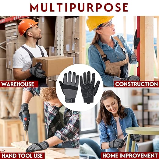 HANDLANDY Working Gloves for Men & Women, Safety Work Gloves with Grip for Warehouse Construction Garden Yard Outside (Grey-Grip, Large (Pack of 3))