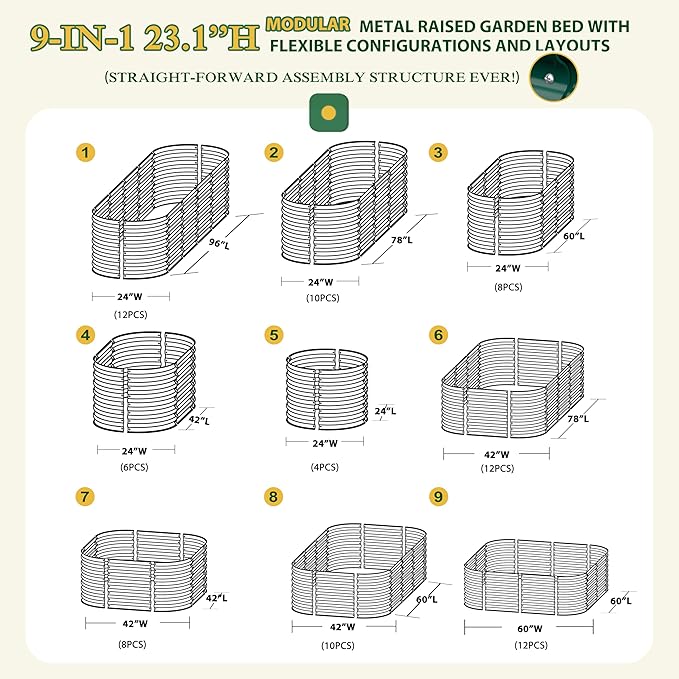 VEIKOU 8ftx2ftx2ft Raised Garden Bed Outdoor for Vegetables, 9-in-1 Galvanized Metal Planter Box with 4 Support Rods, 23.1''H Modular Garden Bed Kit Oval for Herbs and Flowers, Green