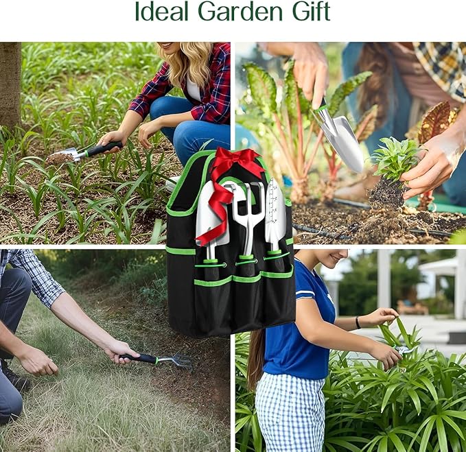 Housolution Gardening Tools Set, 8PCS Heavy Duty Garden Tools with Non-Slip Rubber Grip with Large Garden Bag for Tools Aluminum Alloy Hand Tools for Gardening,Gardening Gifts for Women and Men, Green