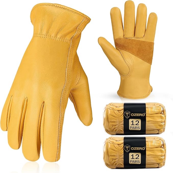 OZERO Gardening Work Gloves Men,24 Pairs Insulated Heavy Duty Cut Resistant Thorn Proof Leather Cowhide Mens Women Mechanic Garden Gloves for Driving Welding-Medium