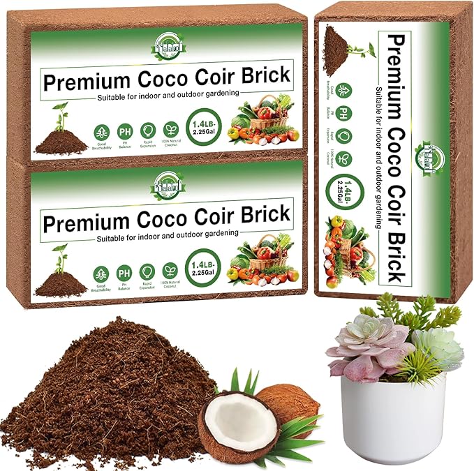 Halatool 3 Pcs Organic Coconut Coir Bricks for Plants, Compressed Coco Peat Coir Brick Coconut Fiber Substrate with Low EC & pH Balance, High Expansion Coconut Seed Starter Soil for Planting Flowers