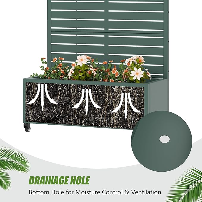 Casaphoria Metal Raised Garden Bed with Trellis and Wheels, 72"x35"x16" Planter Box for Climbing Plants, Vegetables & Vines, Features Drainage Holes and Privacy Screen, Drak Green-Louvered