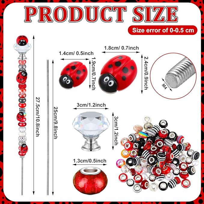Tigeen 236 Pcs Garden Stake DIY Fairy Wand Plant Stake with 12 Colorful Crystal Stopper Top 12 Threaded Rod with 200 Large Hole Bead for Spring Summer Holiday Outdoor Decorations(Ladybug)