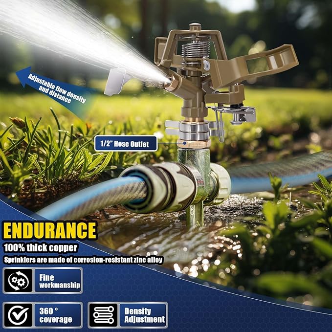 Brass Impact Sprinkler Head - 1/2 Inch Impact Sprinklers with Adjustable Nozzles for 360 Degrees Watering, Ideal for Large Patio Garden Irrigation - 3 PCS