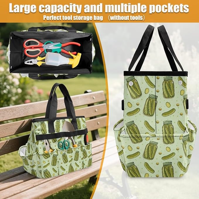 Cucumber Print Garden Tool Bag Portable Gardening Tool Organizer Bag with 10 Pockets and Handle Tool Carrier and Storage for Garden Lawn Yard Casual Camp