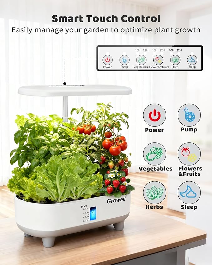 Hydroponics Growing System Kit, 16 Pods, Vertical 8L Indoor Gardening System for Herb Vegetable Fruit, with LED Grow Light, Smart Water Circulation, 3 Light Modes & 2 Timer, White