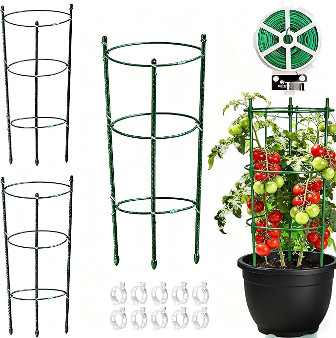 Tomato Cage Plant Support with Adjustable Rings, Orchid Stakes with Clips, Garden Trellis for Climbing Plants, Flower, Veggie, Includes Plant Ties & Clips (3 Pack, 18 Inches)