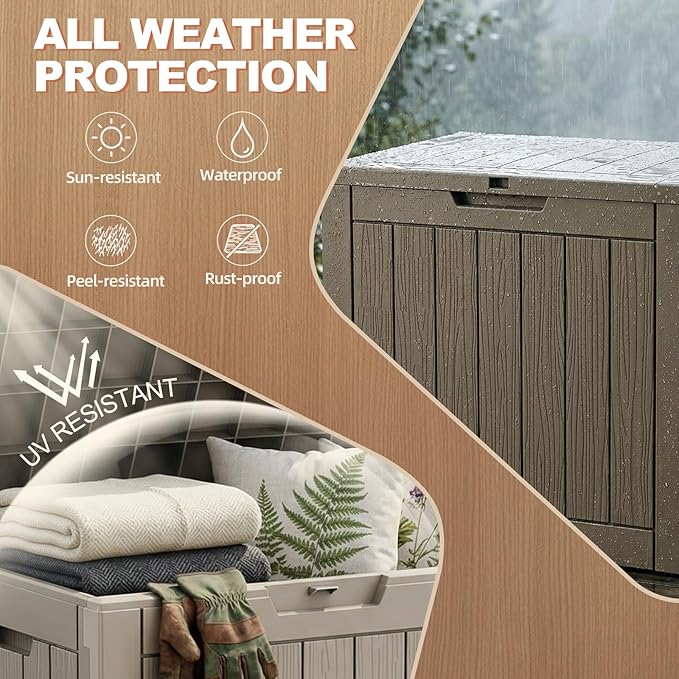 EFU Outdoor Storage Box 260 Gallon Deck Box (Indoor & Outdoor) Lockable UV Resistance Waterproof Resin Storage Bin Storage Box for Outdoor,Patio Storage With Support Rod(Taupe)