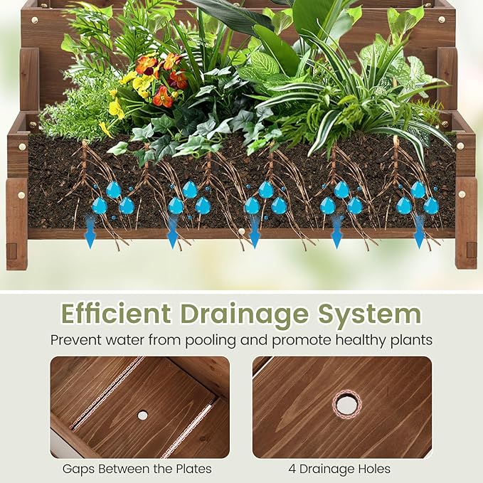 2-Tier Raised Garden Bed with Trellis, Wooden Elevated Planter Box with Legs, Hemp Rope & Drainage Holes, Raised Plant Bed for Backyard, Garden, Lawn