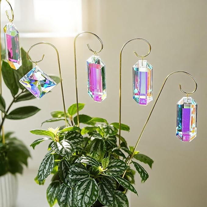 H&D HYALINE & DORA 7 Pack AB Colored Crystal Suncatcher Small Trellis Golden Plant Stake for Potted Plants Indoor Decoration 13.7 Inch