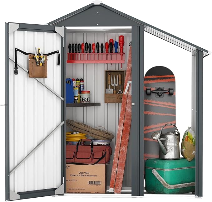 Waterproof 5'x2' Storage Shed with Open Firewood Rack, Heavy Duty 2-in-1 Lean-to Tool Storage Garden Cabinet with Internal Organizer Shelf, Lockable Door for Patio, Backyard, Lawn, Metal