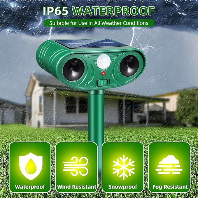 2026 Solar Animal Repellent Outdoor&Cat Repellent Outdoor with Motion Deer Repellent Devices Ultrasonic Cat Deterrent Fox Raccoon Squirrel Rabbit Coyote Deterrent for Farm Orchard Garden 2 PCS