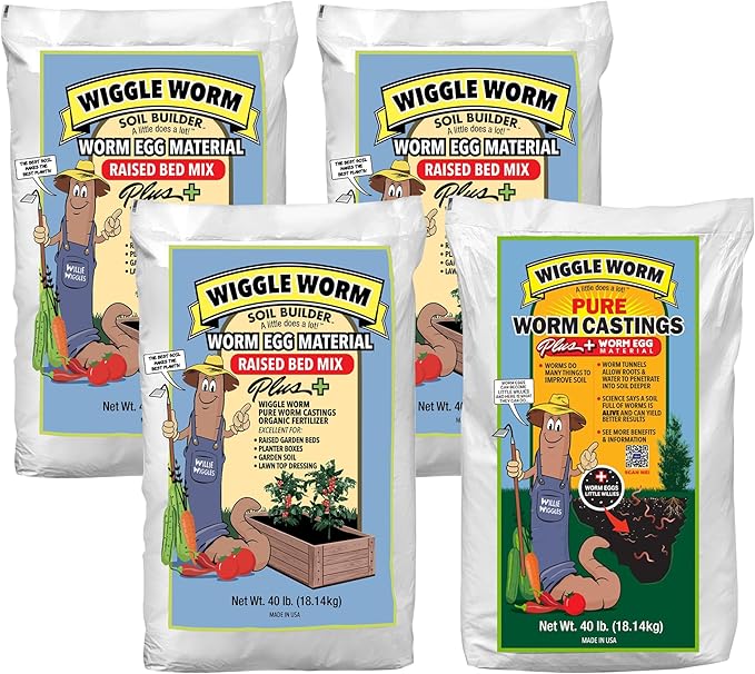 Combo Package - 4 Total 40-Pound Bags – Egg Material Raised Bed Soil Mix (3 Count) and Pure Worm Castings Plus Worm Egg Material Fertilizer and Amendment (1 Count)