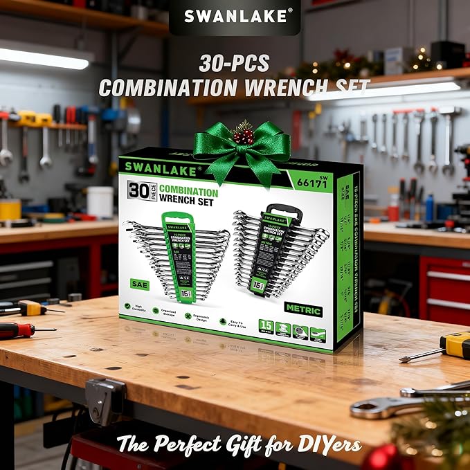 SWANLAKE 30-Piece Combination Wrench Set, Metric & SAE (8-22mm & 1/4” to 1-1/16”),12-Point Open End Standard Wrench Set, Mechanics Wrenches Sets, Chrome Vanadium Steel with Storage Rack