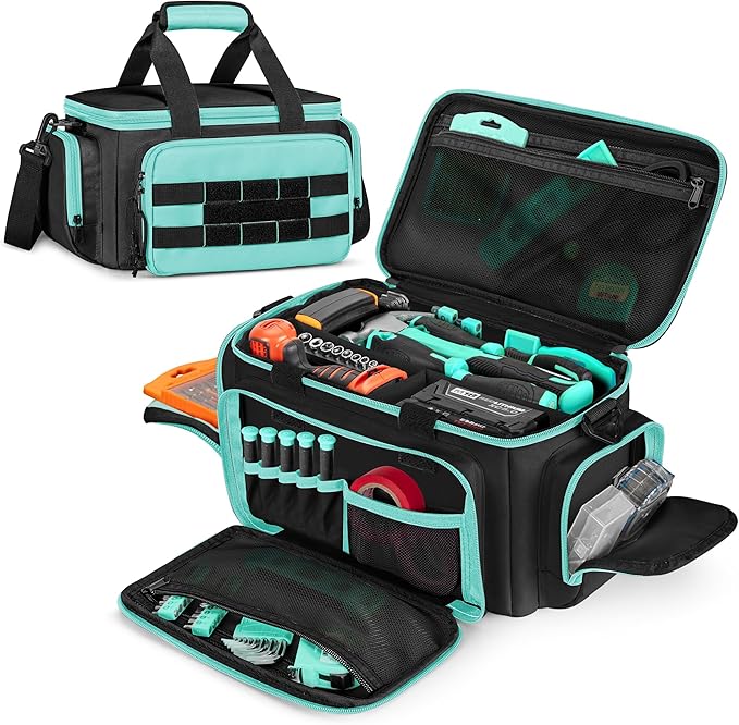Tool Tote Bag for Women, Tool Storage Organizer with Anti-friction Bottom, Tactical Range Bag for Electrician, Carpenters, Repairman, Turquoise