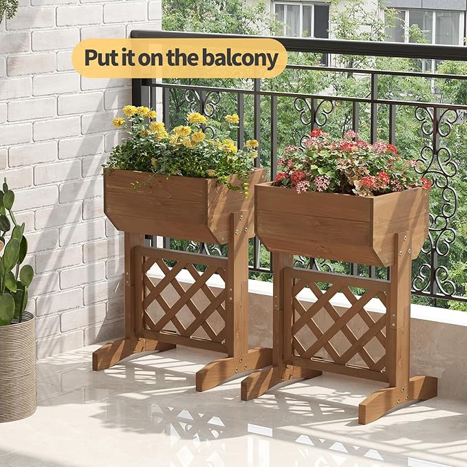 Raised Garden Bed with Diamond Lattice Trellis，Wood Planter Box Stand for Backyard, Patio, Balcony,Outdoors (Brown)