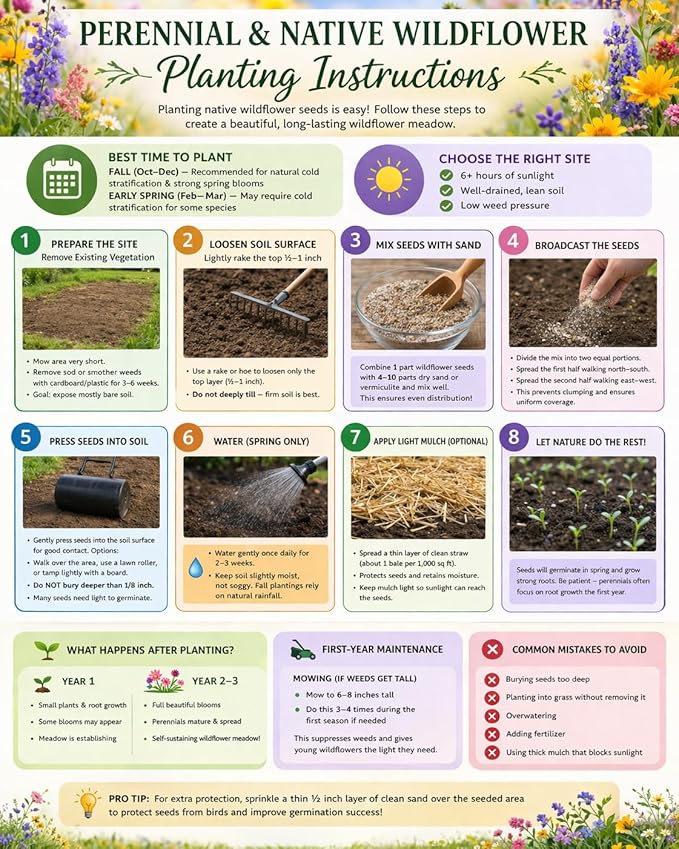 North Carolina Bulk Perennial Wildflower Seed Mix 1lb Covers 2,000sq-ft - Attract Pollinators, Multi-Color Blooms - Southeast US Species Plant in Spring/Fall, Earth-Friendly Packaging (1/4 Pound)