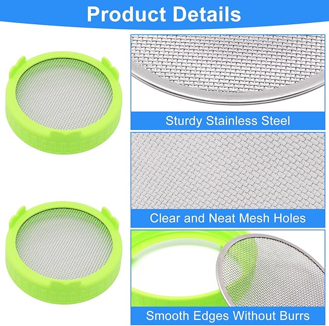 2Pcs Sprouting Lids Stainless Steel Mason Jar Sprouting Lids with Smooth Edge for Broccoli Seeds Sprouting, 90mm Green Washable