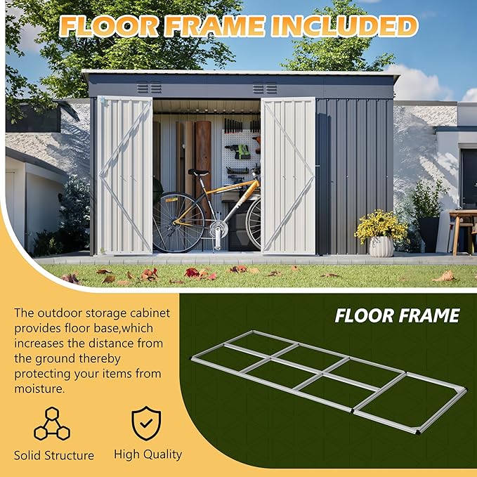 10'x4' Waterproof Storage Shed with 2.3'x3.6' Side Space, Heavy Duty 2-in-1 Garden Tool Shed with Lockable Door & Floor Frame for Backyard, Patio, Lawn, Bicycles, Galvanized Steel, Gray