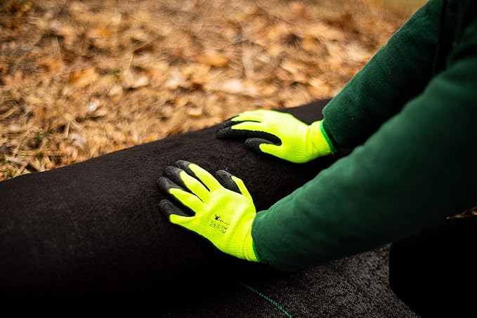 G & F 1516 6 Pairs Pack Premium High Visibility Low emissions Green Work and gardening Gloves for Men and Women. MicroFoam Textured Coated Palm and Fingers Gloves for Gardening Work, Size Small, Green
