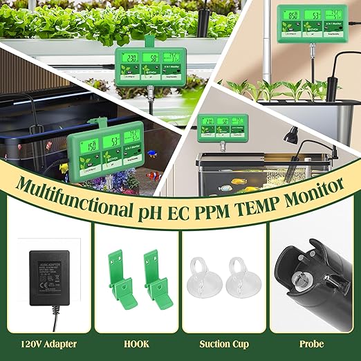pH EC Continuous Monitor for Hydroponic, 6 in 1 WiFi EC PPM CF pH Meter, Digital pH TDS Temp Humidity Conductivity Monitor for DWC Hydroponic System, Aeroponic Gardening, Aquaponic