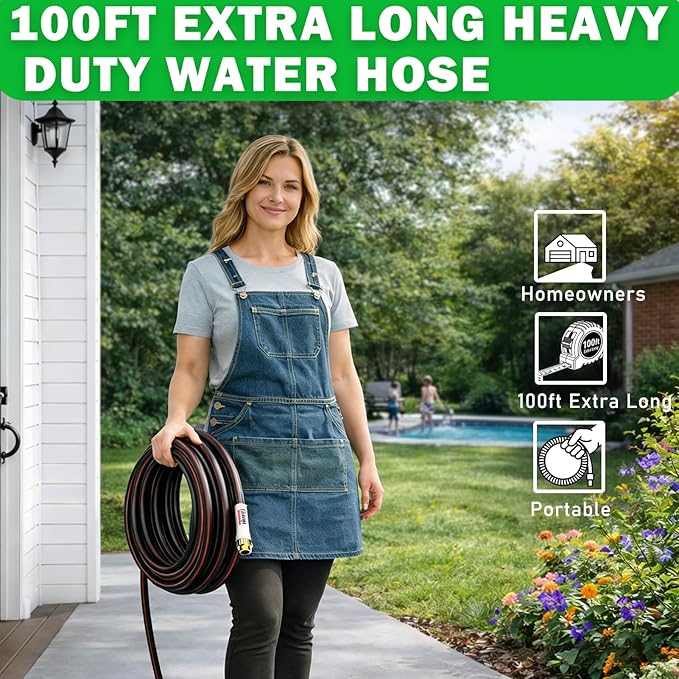 YASQA Heavy Duty Garden Hose 100 ft 5/8 Inch, Contractor's Leak Proof Durable No Kink Easy Coil Flexible Hose Black & water hose 100ft