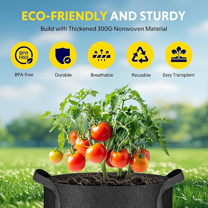 iPower Plant Grow Bag 10 Gallon 6-Pack Heavy Duty Fabric Pots, 300g Thick Nonwoven Fabric Containers Aeration with Nylon Handles, for Planting Vegetables, Fruits, Flowers, Black