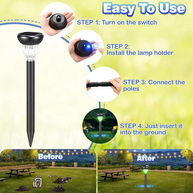 4 Pack Solar Ultrasonic Animal Repellent with RGB Color-Changing Lights, 360° Sonic Pest Deterrent for Outdoor Lawn & Garden, Solar Powered Mole, Gopher & Snake Repellent Stakes