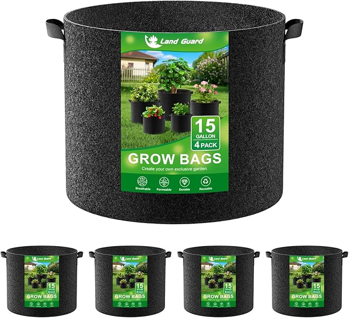 Land Guard 4-Pack Fabric Grow Bags 15 Gallon, Thickened Nonwoven Garden Pots, Growing Bags with Handles, Black