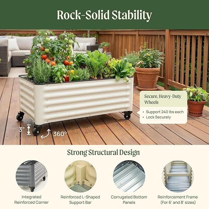 Vego garden Classic Rolling Garden Bed – 1.75' Mobile Metal Raised Garden Bed for Patio, Deck, Balcony – Deep Planting Space, Durable & Easy to Move (Modern Gray, 1.75'X4')
