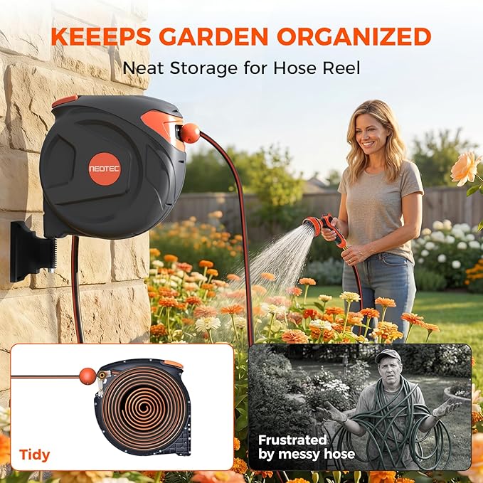 NEOTEC Retractable Garden Hose Reel 100 ft 1/2 Inch with 3-Layer PVC Hose Wall Mount Automatic Slow Return Any-Length Lock 180° Swivel Hose Reel for Large Yard