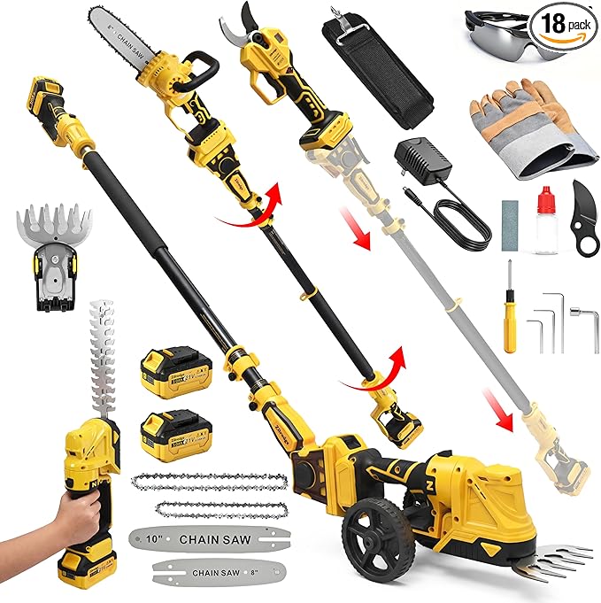 8”/ 10” Electric Pole Saw, Pruning Shears, Pole Hedge Trimmer, Grass Shears Combo, Extendable Garden Tools for Outdoor & Yard Use, Cordless Tree Pruner, Branch Cutter, Compatible with Dewalt Battery