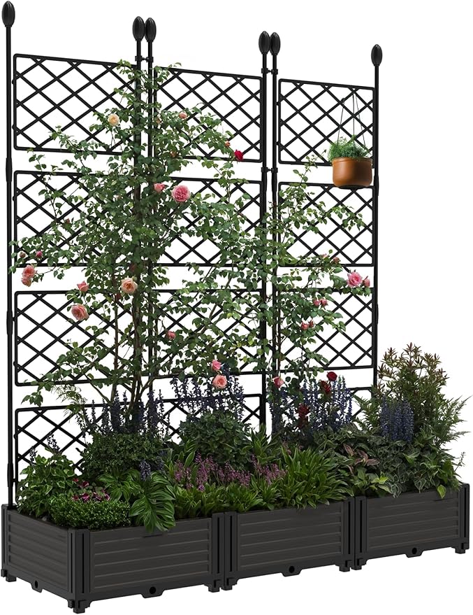 CABIHOME Planter Box with Trellis - Plastic Raised Garden Beds & Metal Trellis w/Drain Plug - Outdoor Raised Planter Box Privacy Screen for Climbing Plants, Flowers, Veggies & Fruits