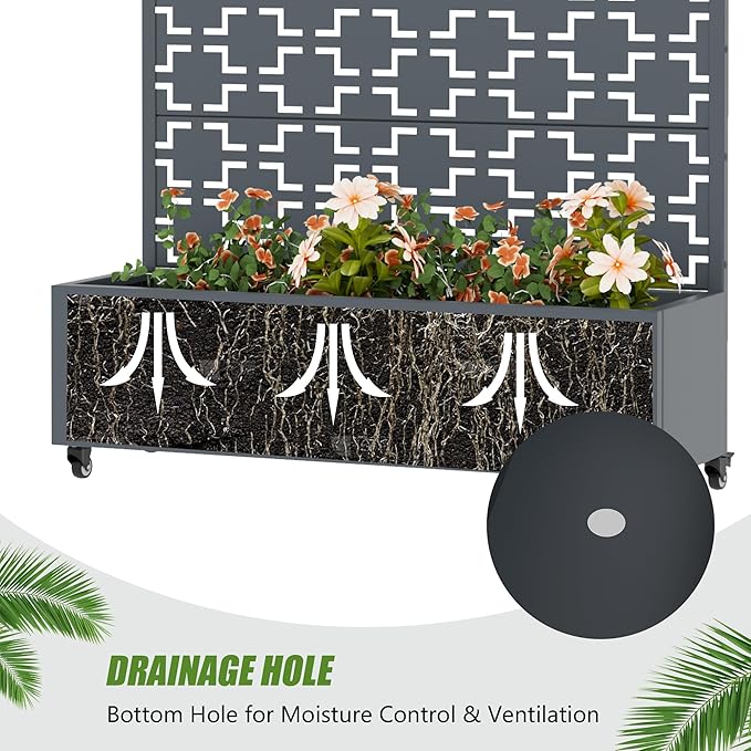 Casaphoria Metal Raised Garden Bed with Trellis and Wheels, 72"x47"x16" Arched Planter Box for Climbing Plants, Vegetables & Vines, Features Drainage Holes and Privacy Screen, Grey-Square