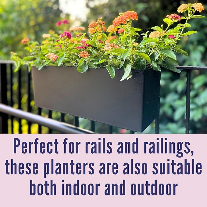 LaLaGreen Rail Planter for Balcony Outdoor (20 Inch, 2 Pack) Large Black Self Watering Railing Planters with Brackets, Rectangular Plastic Deck Fence Window Box Balcony Home Outside Style Garden Décor
