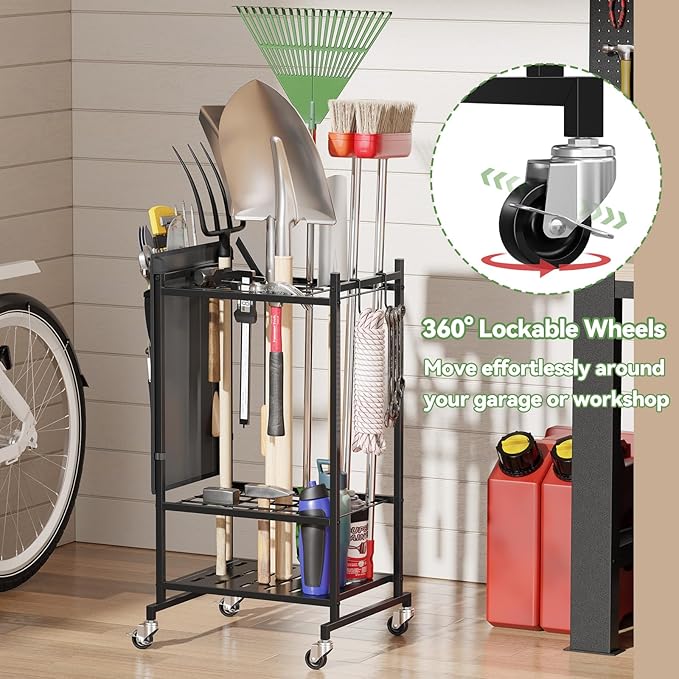 Garden Tool Organizer with Pockets, Rolling Yard Tool Storage Rack with 2 Hooks and Lockable wheels, Black