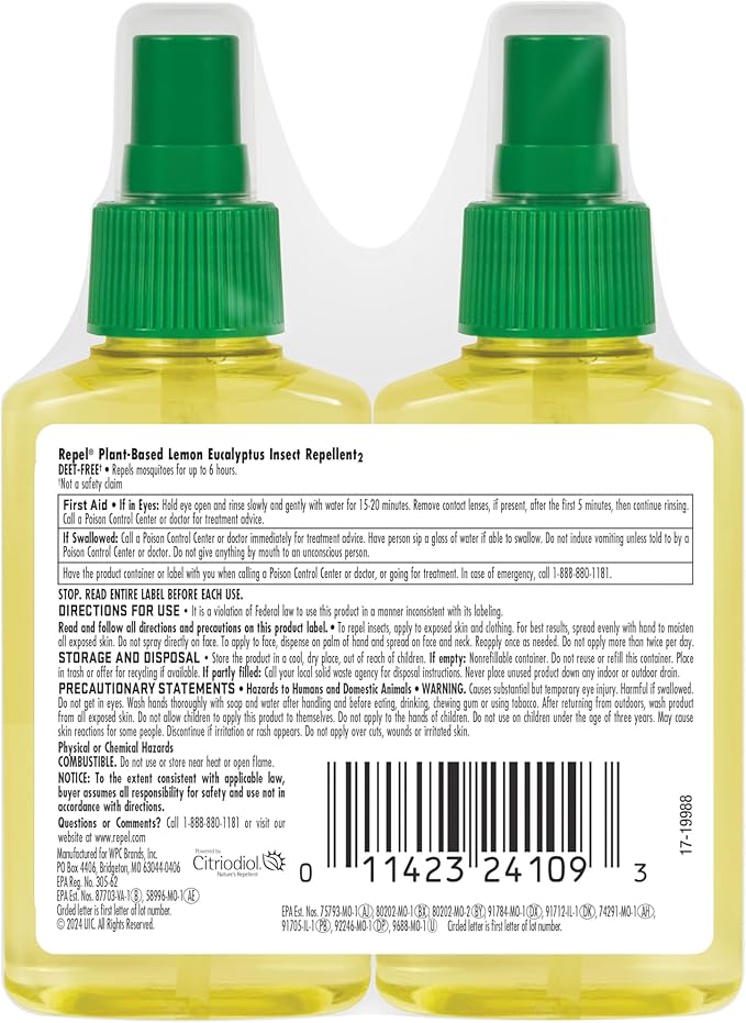 Repel Plant-Based Lemon Eucalyptus Insect Repellent, 4 Ounces, DEET-Free Pump Insect Repellent Repels Mosquitoes For 6 Hours With Plant-Based Ingredients, 2 Pack