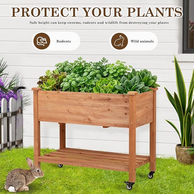 Raised Garden Bed with Lockable Wheels, 40x24x32 inch Elevated Wood Planter with Storage Shelf Protective Liner for Vegetable Flower Herb Outdoor Balcony Patio Backyard, Brown