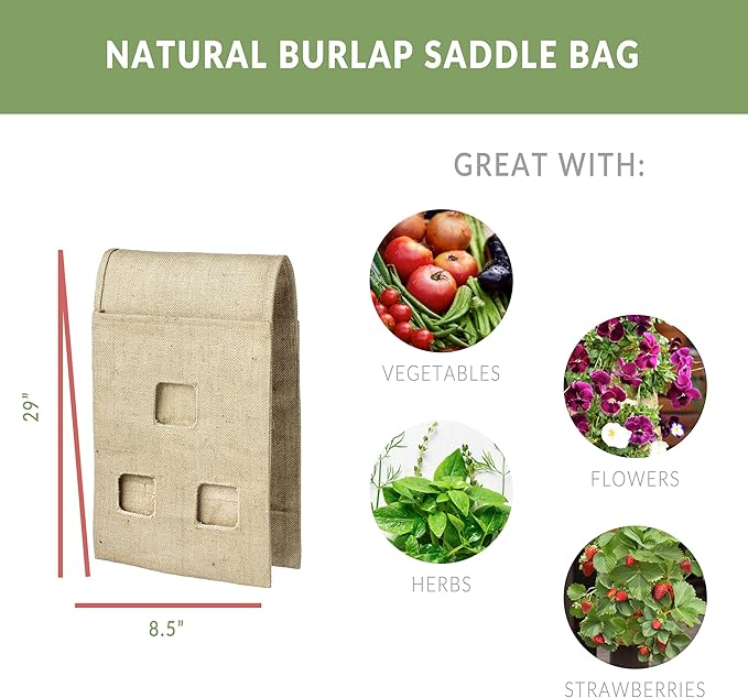 HANG & GROW Burlap Saddle Bag Planter for Outdoor Plants Vertical Flower Saddle for Easy Outside Garden Decoration Reusable Saddle for Flowers, Strawberry, Vegetables and Herbs,1 Bag with 6 Holes
