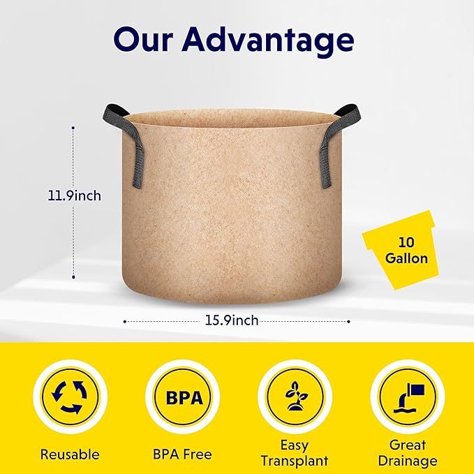 iPower 10-Pack 10 Gallon Plant Bags Heavy Duty Thickened Nonwoven Fabric Potato Growing Pot, Aeration Durable Container with Reinforced Strap Handles, Tan
