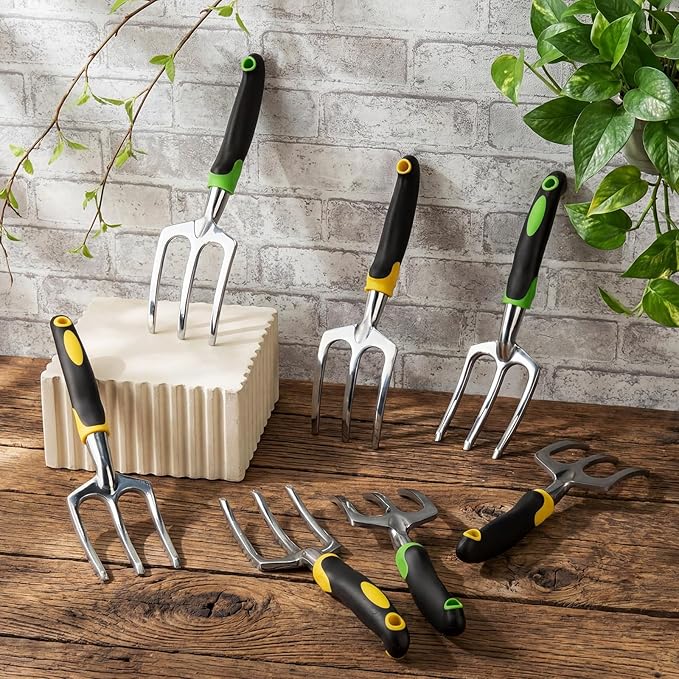 Yaocom 12 Pcs Hand Rakes Garden Tool Mini Heavy Duty Garden Cultivator 11 Inch Small Rake Gardening Hand Tiller with Handle for Digging Weeding Loose Soil(3-Tine Prong Fork,Yellow, Green)