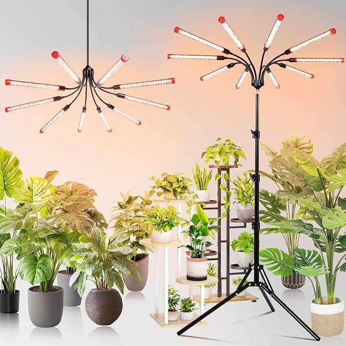 FECiDA Gamechanger! 90 Watt Power Draw, NO Need Adapter, 10Head Grow Light with Tripod Stand, 2026 Big Coverage LED Grow Lights for Indoor Tall Plants, Bonsai Tree, 4/8/12/16/20H Timer