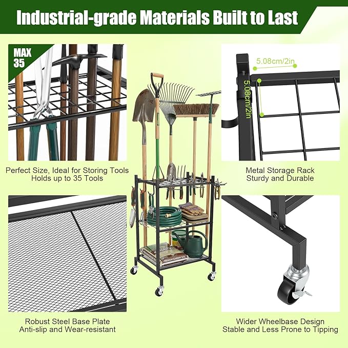 3 Tier Garden Tool Organizer with Wheels, Garden Tool Rack Rack Up to 50 Tools, Heavy Duty Metal Yard Tool Organizer for Garage with Hooks, Freestanding Lawn Tool Shovels for Shed&Outdoor Organization