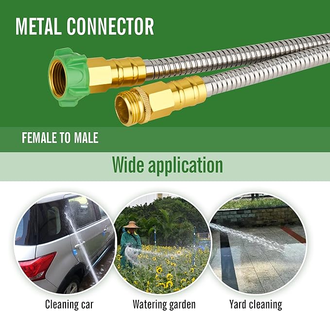 SKYWARD 304 Stainless Steel Garden Hose 15 ft with Female to Male Metal Connector, Anti-Leakage, Flexible & Lightweight Kink Free Water Hose, Easy to Use & Store (15ft)