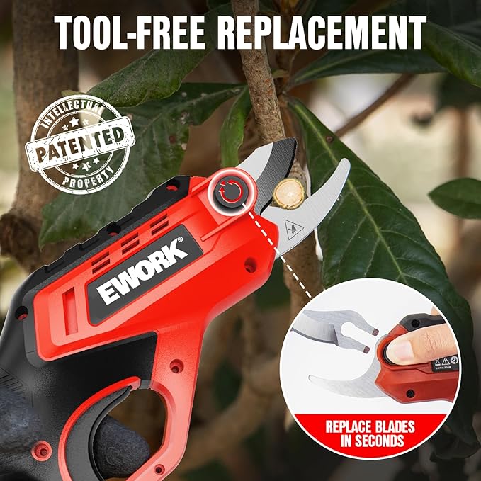 EWORK Cordless Electric Pruning Shears 4.2V Rechargeable 4000mAh Battery, 0.7 Inch Cutting Diameter, 2 SK5 Blades Tool Replacement, Handheld Pruner for Garden Tree Branch Trimming