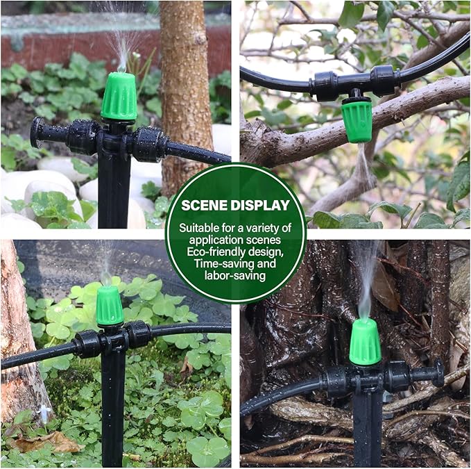 Kalolary 30Pcs Push-to-Fit Drip Irrigation Spray Emitters for 1/4" Tubing,Three-Way Adjustable Atomizing Nozzle Micro Irrigation Dripper Sprinklers with 6PCS End Plugs for Irrigation System(Green)