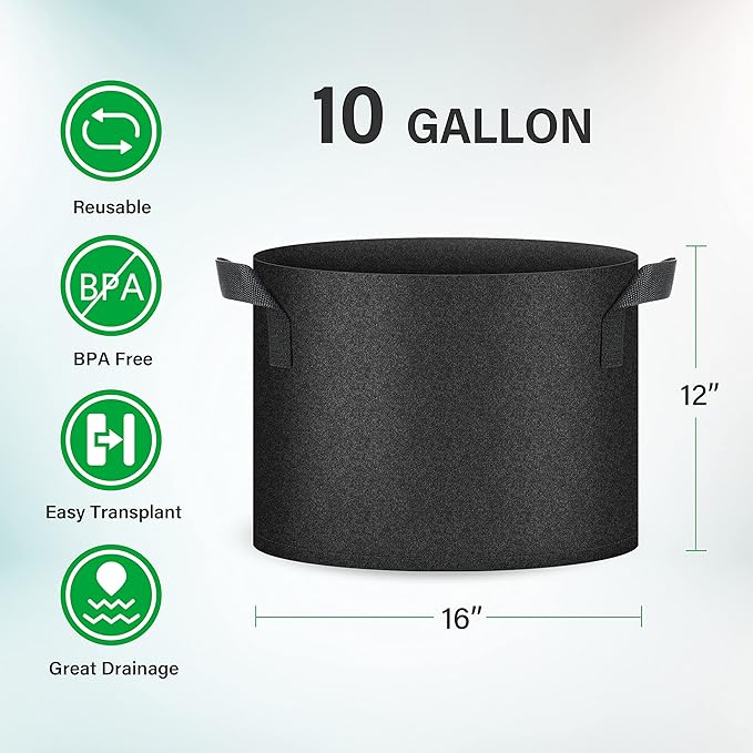 YSSOA 10-Pack 10 Gallon Grow Bags, Tomoato Plant Pots with Handles, Aeration Nonwoven Fabric, Heavy Duty Gardening Planter for Vegetable, Fruits and Flowers, Black