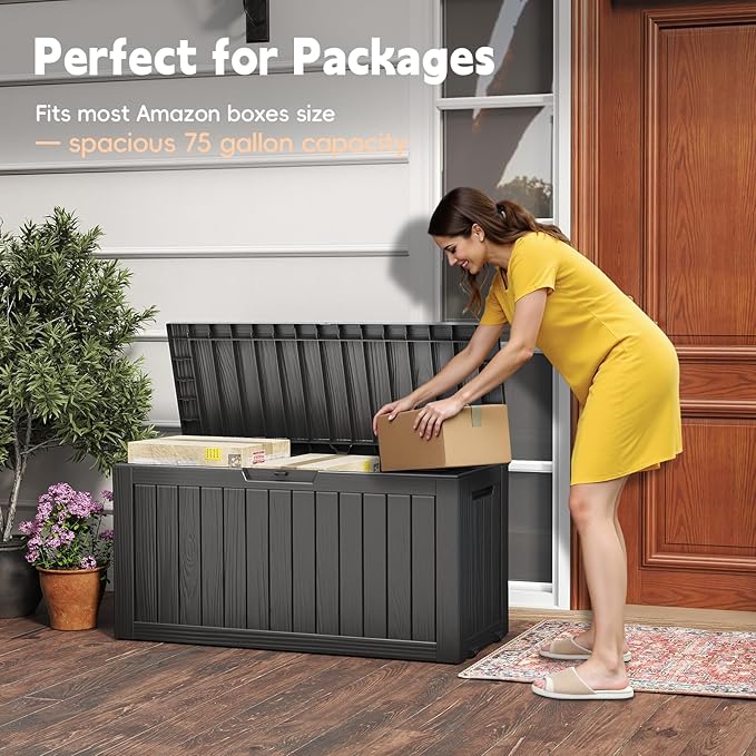 Outdoor Storage Box, 75 Gallon Deck Box Waterproof, Resin Patio Storage Bin for Package Delivery, Patio Furniture Cushion, Garden Tools, Pool Accessories, Weatherproof, Black